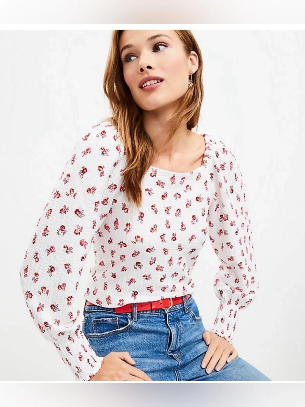 LOFT Smocked Long-Sleeve Floral Puff-Sleeve Top Cottagecore Boho Casual XL NEW